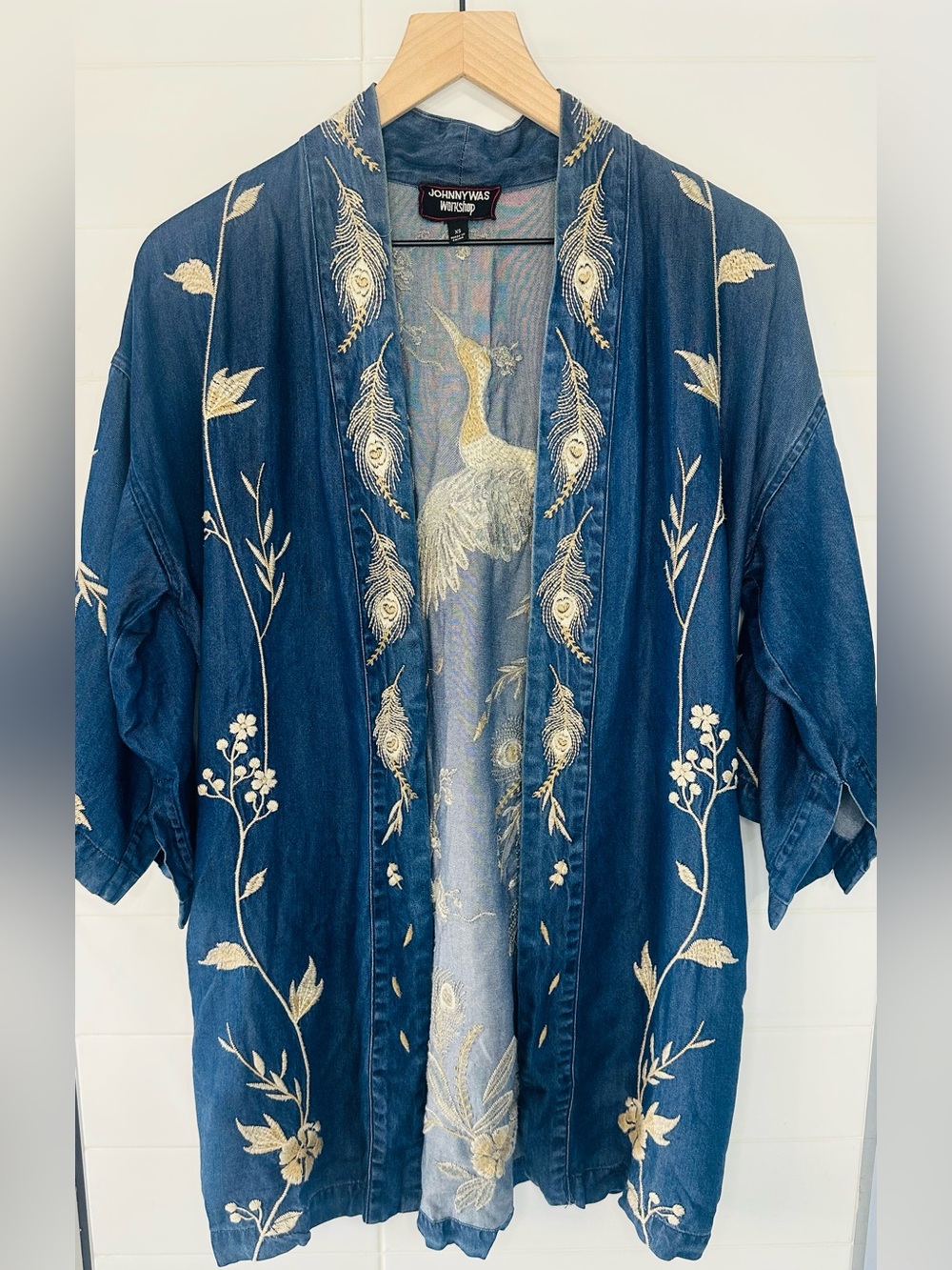 Johnny Was Workshop Embroidered Navy Blue Jean Kimono Crane - Picture 2 of 10